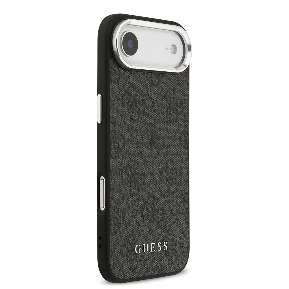 Apple iPhone 17 Air Kılıf Guess M-safe Şarj Özellikli Gümüş Çerçeve ve Butonlu Klasik Yazı Logolu Kapak Siyah
