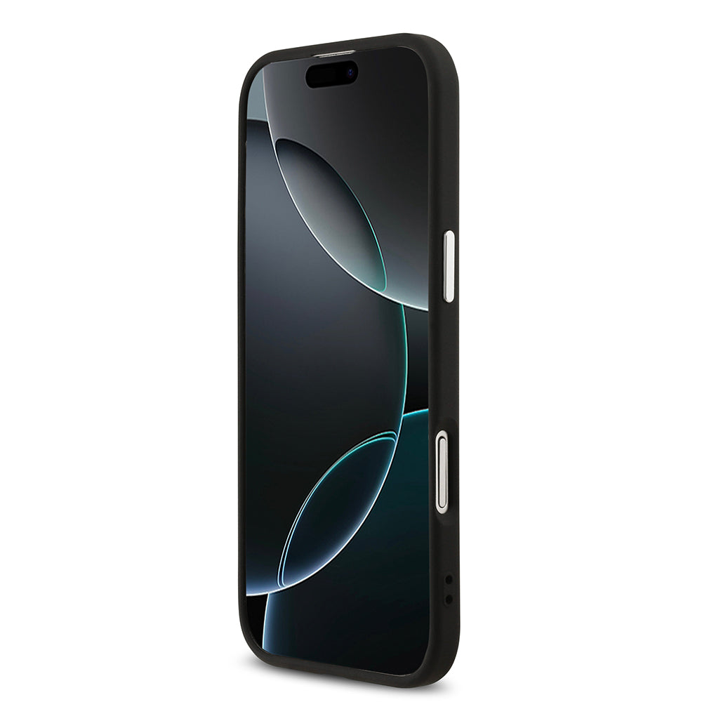 Apple iPhone 17 Air Kılıf Guess M-safe Şarj Özellikli Gümüş Çerçeve ve Butonlu Klasik Yazı Logolu Kapak Siyah