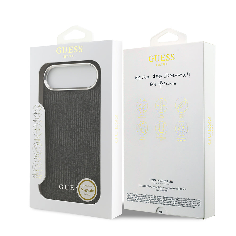 Apple iPhone 17 Air Kılıf Guess M-safe Şarj Özellikli Gümüş Çerçeve ve Butonlu Klasik Yazı Logolu Kapak Siyah