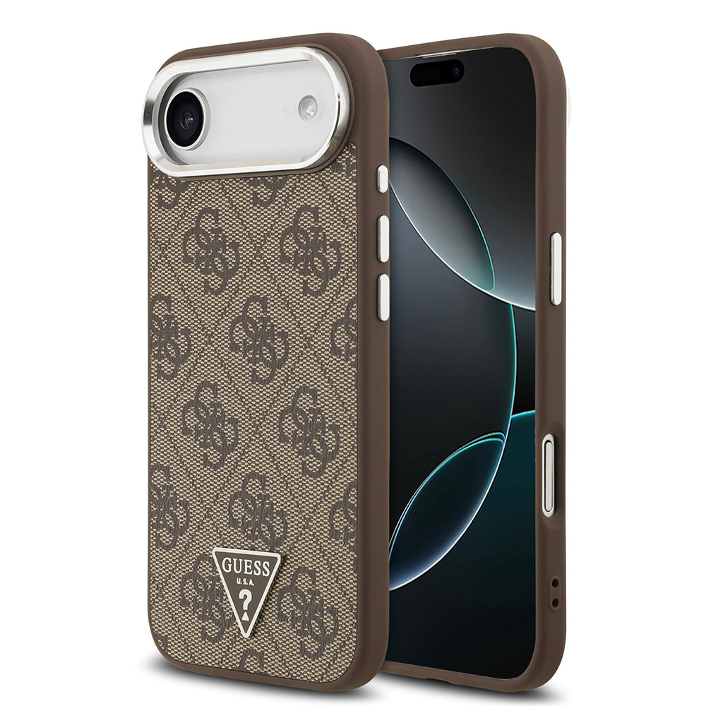 Apple iPhone 17 Air Kılıf Guess M-safe Şarj Özellikli Gümüş Metal Çerçeveli Üçgen Logo 4G Desenli Kapak Kahverengi