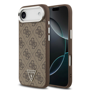 Apple iPhone 17 Air Kılıf Guess M-safe Şarj Özellikli Gümüş Metal Çerçeveli Üçgen Logo 4G Desenli Kapak Kahverengi