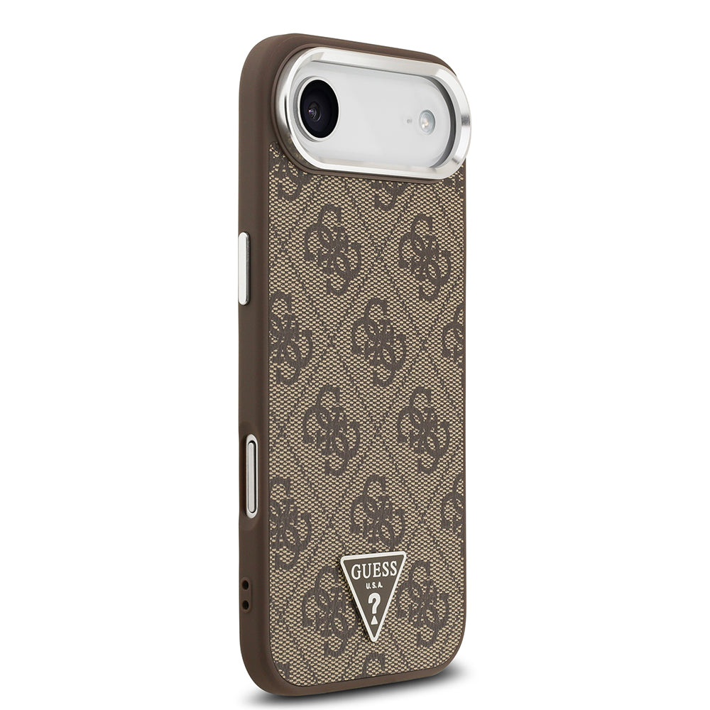 Apple iPhone 17 Air Kılıf Guess M-safe Şarj Özellikli Gümüş Metal Çerçeveli Üçgen Logo 4G Desenli Kapak Kahverengi