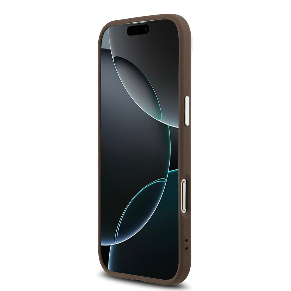 Apple iPhone 17 Air Kılıf Guess M-safe Şarj Özellikli Gümüş Metal Çerçeveli Üçgen Logo 4G Desenli Kapak Kahverengi