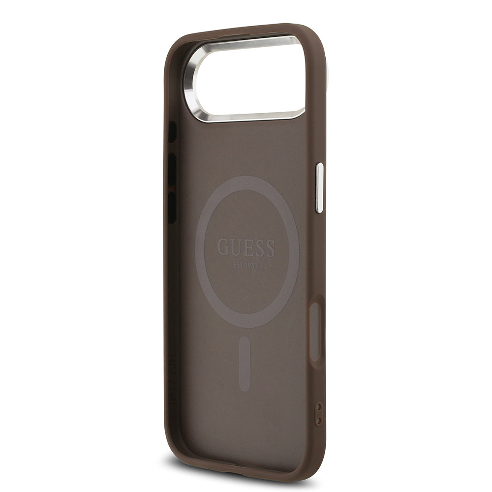 Apple iPhone 17 Air Kılıf Guess M-safe Şarj Özellikli Gümüş Metal Çerçeveli Üçgen Logo 4G Desenli Kapak Kahverengi