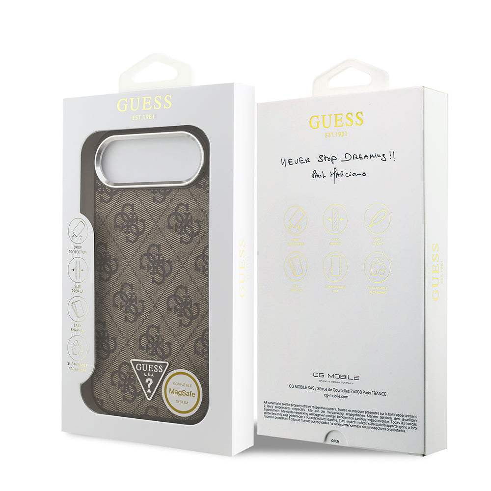 Apple iPhone 17 Air Kılıf Guess M-safe Şarj Özellikli Gümüş Metal Çerçeveli Üçgen Logo 4G Desenli Kapak Kahverengi