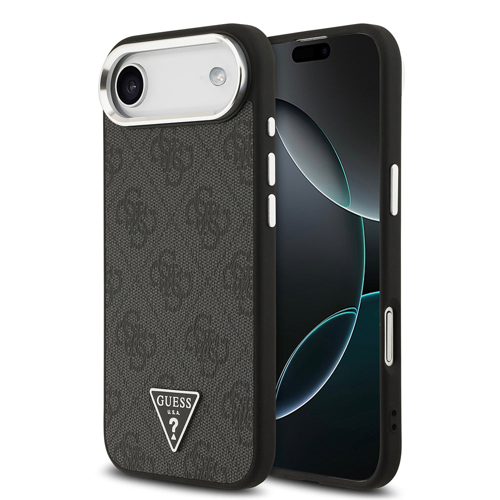 Apple iPhone 17 Air Kılıf Guess M-safe Şarj Özellikli Gümüş Metal Çerçeveli Üçgen Logo 4G Desenli Kapak Siyah