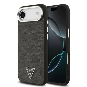 Apple iPhone 17 Air Kılıf Guess M-safe Şarj Özellikli Gümüş Metal Çerçeveli Üçgen Logo 4G Desenli Kapak Siyah
