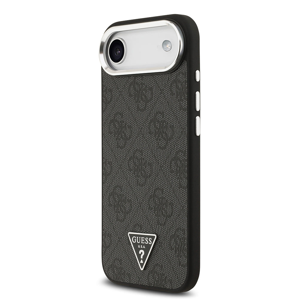 Apple iPhone 17 Air Kılıf Guess M-safe Şarj Özellikli Gümüş Metal Çerçeveli Üçgen Logo 4G Desenli Kapak Siyah