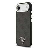 Apple iPhone 17 Air Kılıf Guess M-safe Şarj Özellikli Gümüş Metal Çerçeveli Üçgen Logo 4G Desenli Kapak Siyah