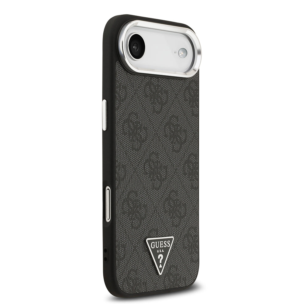 Apple iPhone 17 Air Kılıf Guess M-safe Şarj Özellikli Gümüş Metal Çerçeveli Üçgen Logo 4G Desenli Kapak Siyah