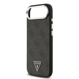 Apple iPhone 17 Air Kılıf Guess M-safe Şarj Özellikli Gümüş Metal Çerçeveli Üçgen Logo 4G Desenli Kapak Siyah