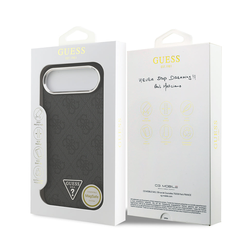 Apple iPhone 17 Air Kılıf Guess M-safe Şarj Özellikli Gümüş Metal Çerçeveli Üçgen Logo 4G Desenli Kapak Siyah