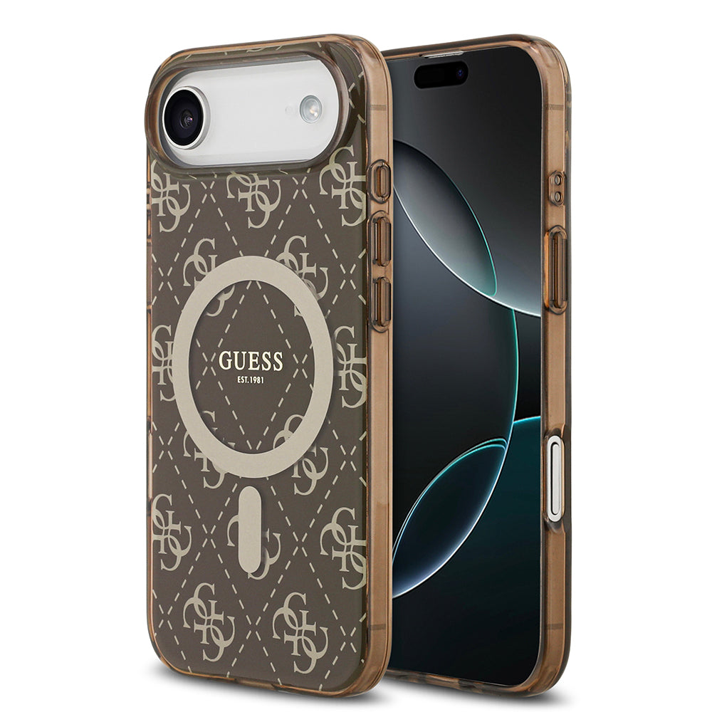 Apple iPhone 17 Air Kılıf Guess M-safe Şarj Özellikli IML Baskılı Klasik Logolu 4G Desenli Kapak Kahverengi