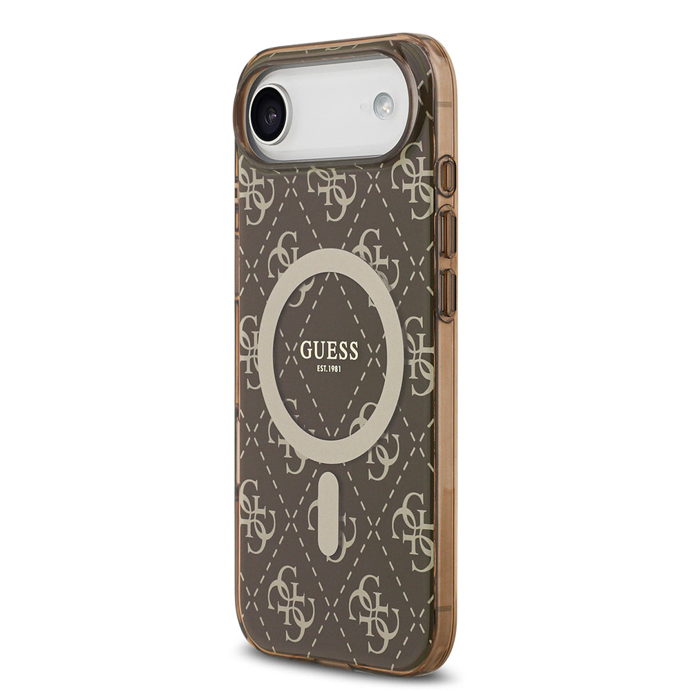 Apple iPhone 17 Air Kılıf Guess M-safe Şarj Özellikli IML Baskılı Klasik Logolu 4G Desenli Kapak Kahverengi