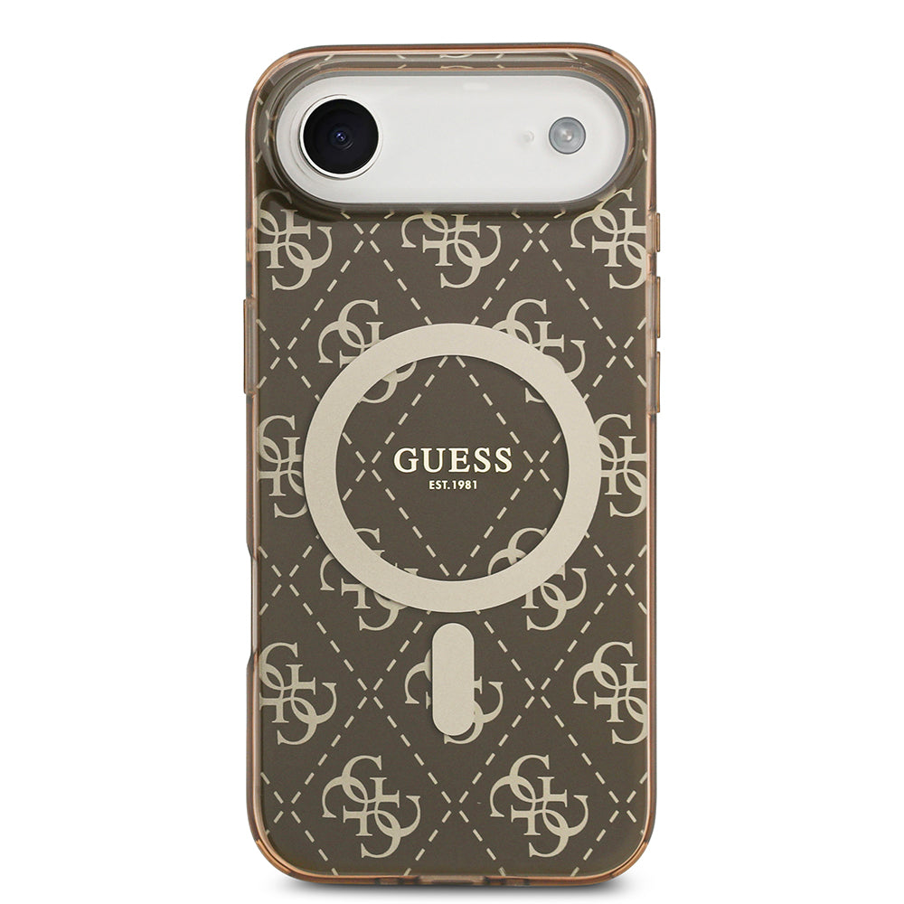 Apple iPhone 17 Air Kılıf Guess M-safe Şarj Özellikli IML Baskılı Klasik Logolu 4G Desenli Kapak Kahverengi