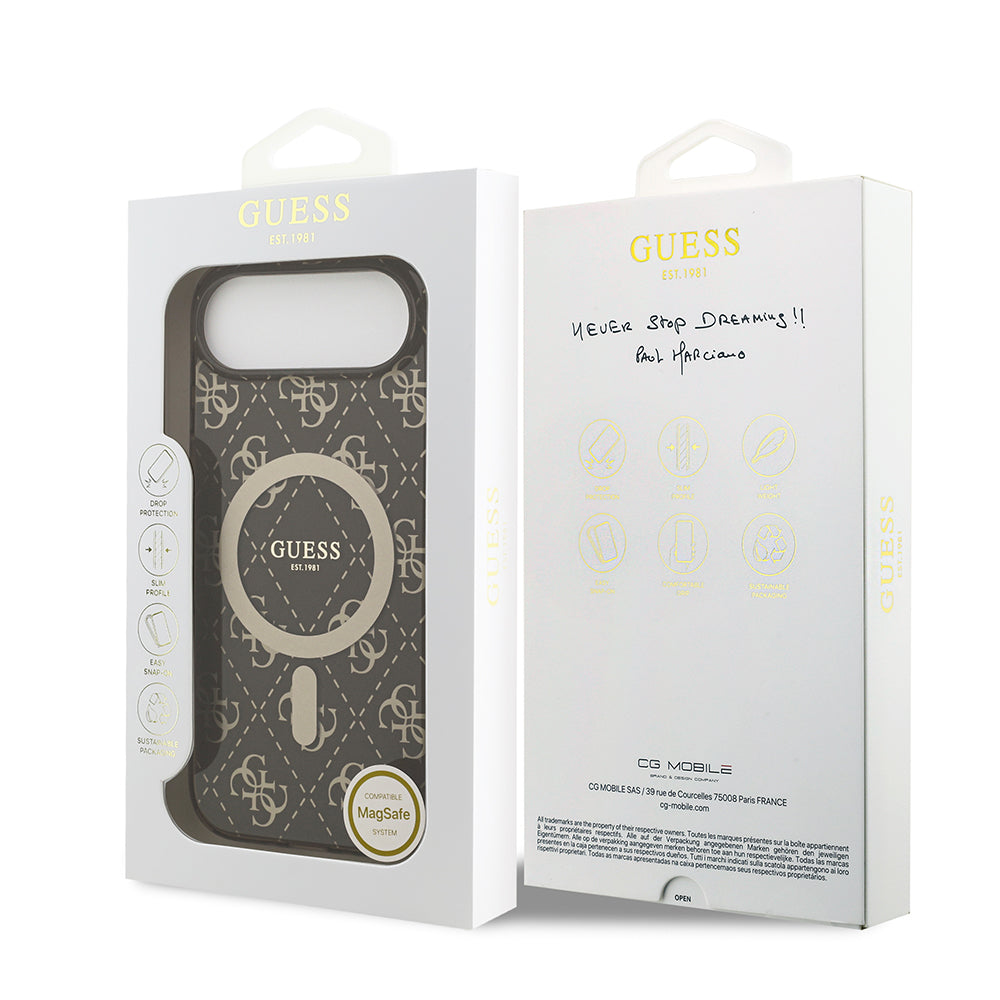 Apple iPhone 17 Air Kılıf Guess M-safe Şarj Özellikli IML Baskılı Klasik Logolu 4G Desenli Kapak Kahverengi