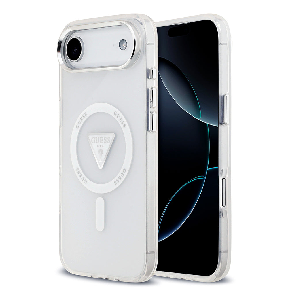 Apple iPhone 17 Air Kılıf Guess M-safe Şarj Özellikli IML Baskılı Üçgen Logolu Metal Kamera Çerçeveli Transparan Kapak Şeffaf