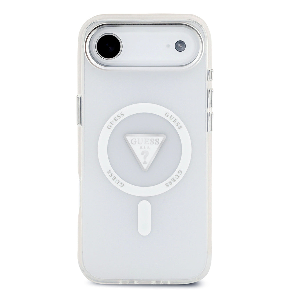 Apple iPhone 17 Air Kılıf Guess M-safe Şarj Özellikli IML Baskılı Üçgen Logolu Metal Kamera Çerçeveli Transparan Kapak Şeffaf