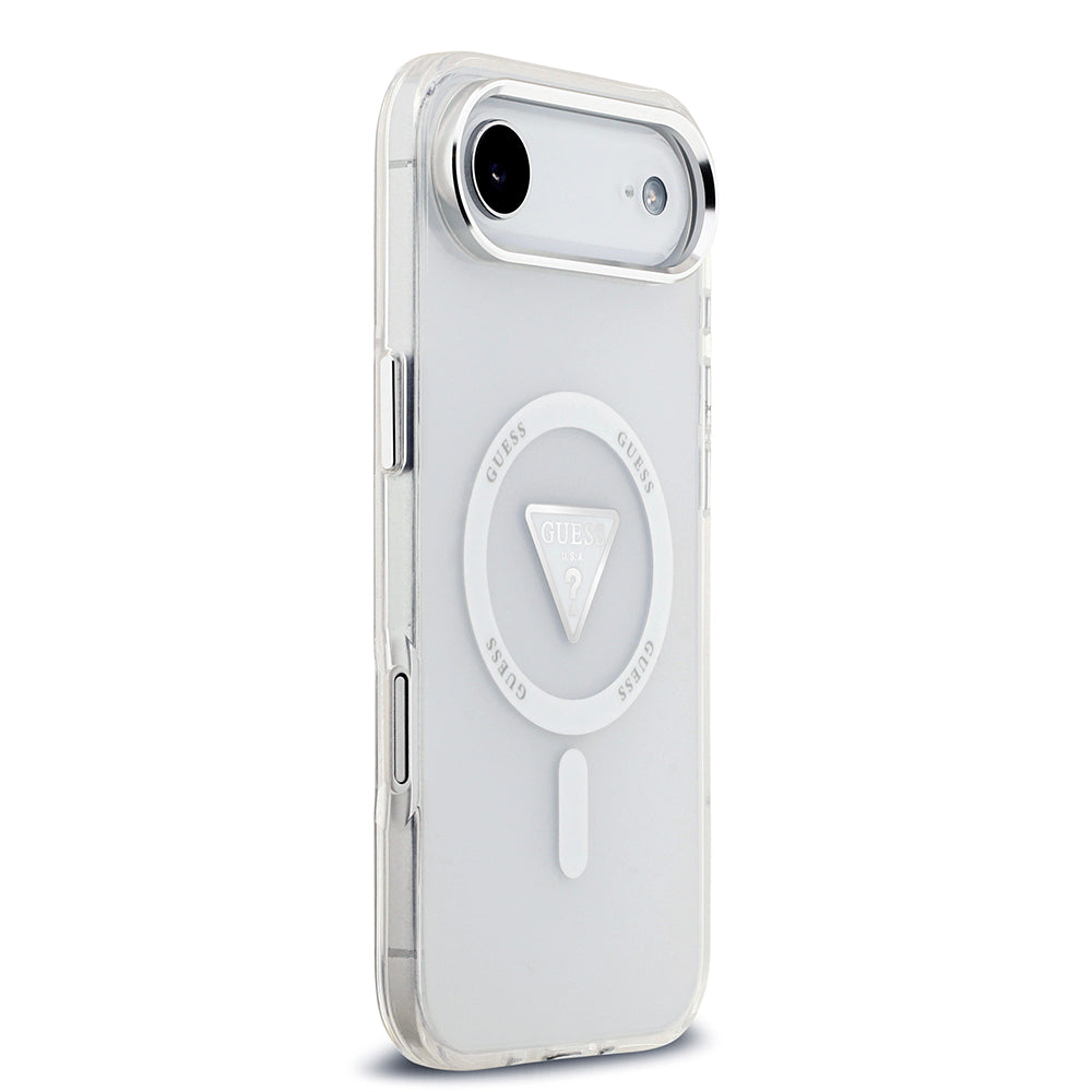 Apple iPhone 17 Air Kılıf Guess M-safe Şarj Özellikli IML Baskılı Üçgen Logolu Metal Kamera Çerçeveli Transparan Kapak Şeffaf