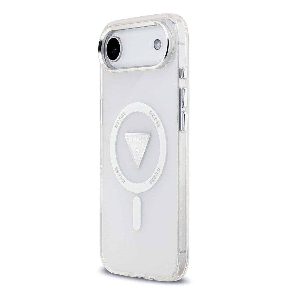 Apple iPhone 17 Air Kılıf Guess M-safe Şarj Özellikli IML Baskılı Üçgen Logolu Metal Kamera Çerçeveli Transparan Kapak Şeffaf