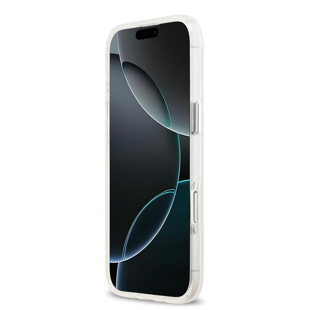 Apple iPhone 17 Air Kılıf Guess M-safe Şarj Özellikli IML Baskılı Üçgen Logolu Metal Kamera Çerçeveli Transparan Kapak Şeffaf