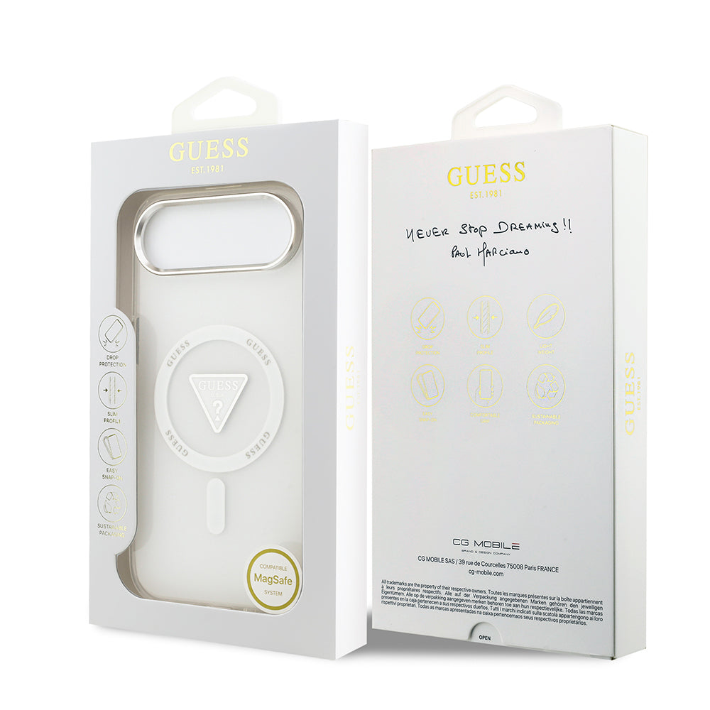 Apple iPhone 17 Air Kılıf Guess M-safe Şarj Özellikli IML Baskılı Üçgen Logolu Metal Kamera Çerçeveli Transparan Kapak Şeffaf
