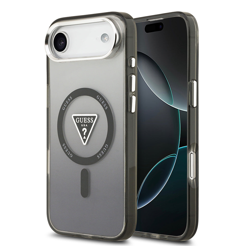 Apple iPhone 17 Air Kılıf Guess M-safe Şarj Özellikli IML Baskılı Üçgen Logolu Metal Kamera Çerçeveli Transparan Kapak Siyah