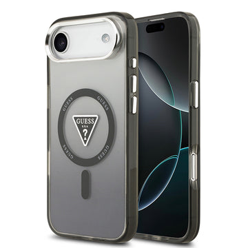 Apple iPhone 17 Air Kılıf Guess M-safe Şarj Özellikli IML Baskılı Üçgen Logolu Metal Kamera Çerçeveli Transparan Kapak Siyah