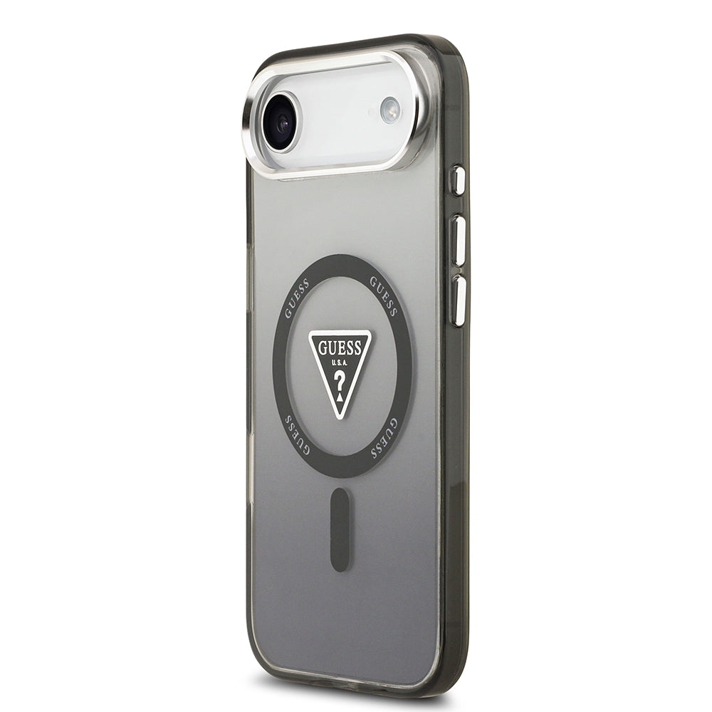 Apple iPhone 17 Air Kılıf Guess M-safe Şarj Özellikli IML Baskılı Üçgen Logolu Metal Kamera Çerçeveli Transparan Kapak Siyah