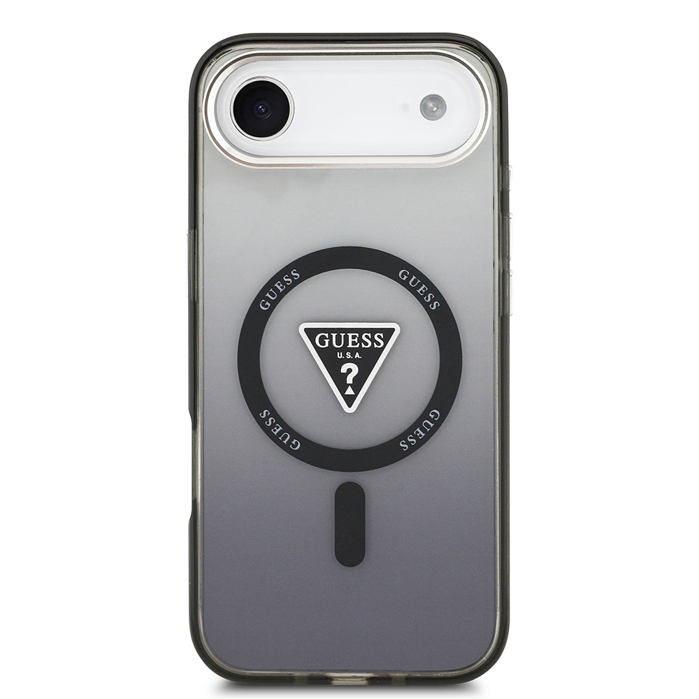 Apple iPhone 17 Air Kılıf Guess M-safe Şarj Özellikli IML Baskılı Üçgen Logolu Metal Kamera Çerçeveli Transparan Kapak Siyah
