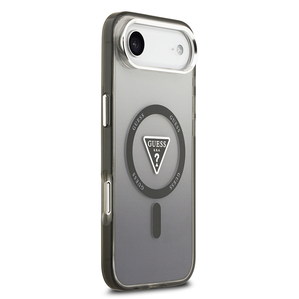 Apple iPhone 17 Air Kılıf Guess M-safe Şarj Özellikli IML Baskılı Üçgen Logolu Metal Kamera Çerçeveli Transparan Kapak Siyah