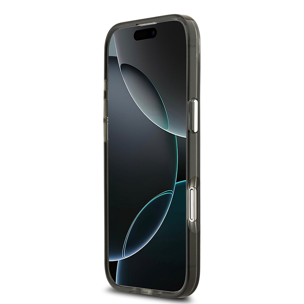 Apple iPhone 17 Air Kılıf Guess M-safe Şarj Özellikli IML Baskılı Üçgen Logolu Metal Kamera Çerçeveli Transparan Kapak Siyah