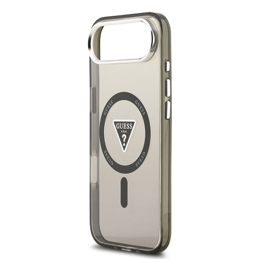 Apple iPhone 17 Air Kılıf Guess M-safe Şarj Özellikli IML Baskılı Üçgen Logolu Metal Kamera Çerçeveli Transparan Kapak Siyah