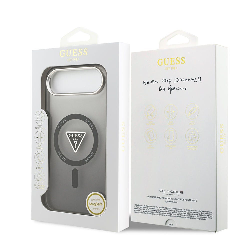 Apple iPhone 17 Air Kılıf Guess M-safe Şarj Özellikli IML Baskılı Üçgen Logolu Metal Kamera Çerçeveli Transparan Kapak Siyah