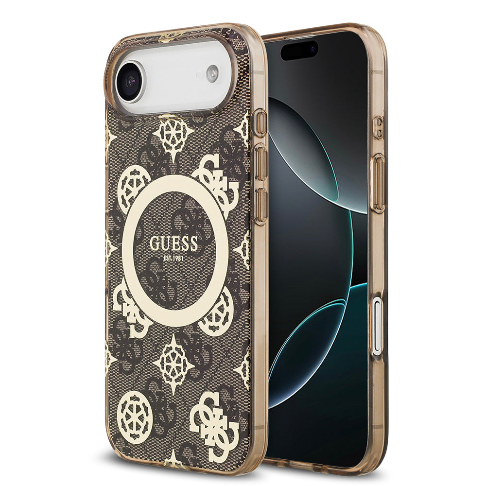 Apple iPhone 17 Air Kılıf Guess M-safe Şarj Özellikli IML Peony ve 4G Desenli Klasik Logolu Kapak Kahverengi