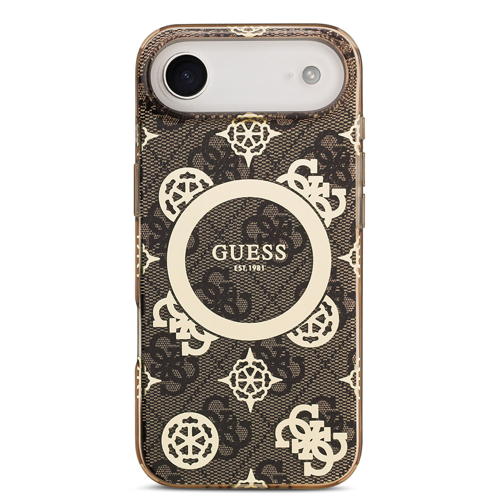 Apple iPhone 17 Air Kılıf Guess M-safe Şarj Özellikli IML Peony ve 4G Desenli Klasik Logolu Kapak Kahverengi