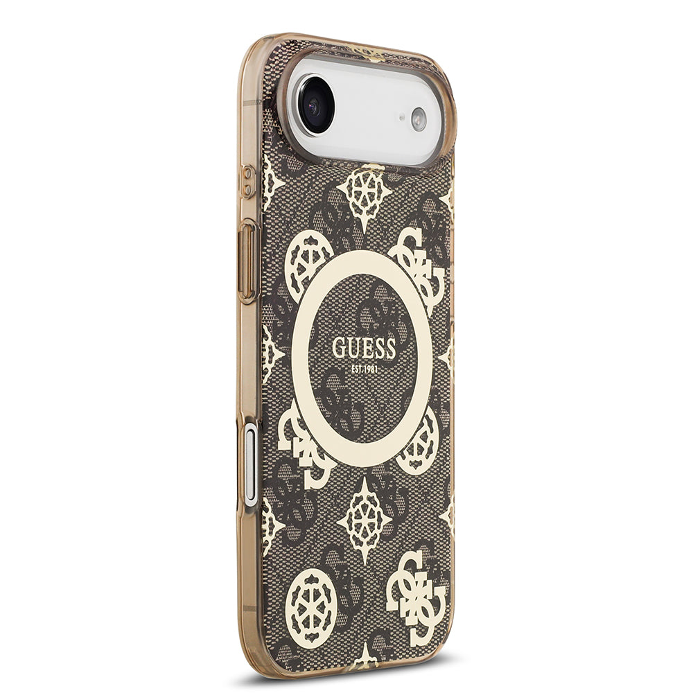 Apple iPhone 17 Air Kılıf Guess M-safe Şarj Özellikli IML Peony ve 4G Desenli Klasik Logolu Kapak Kahverengi