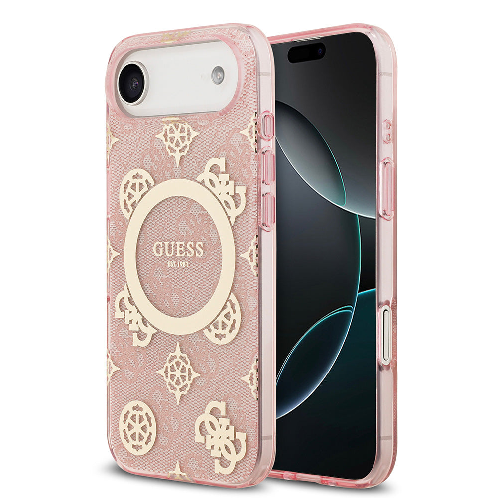Apple iPhone 17 Air Kılıf Guess M-safe Şarj Özellikli IML Peony ve 4G Desenli Klasik Logolu Kapak Pembe