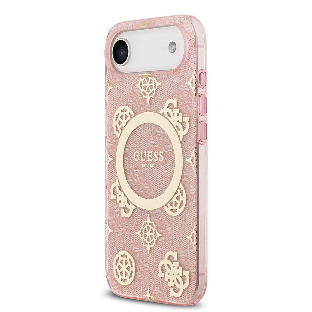Apple iPhone 17 Air Kılıf Guess M-safe Şarj Özellikli IML Peony ve 4G Desenli Klasik Logolu Kapak Pembe