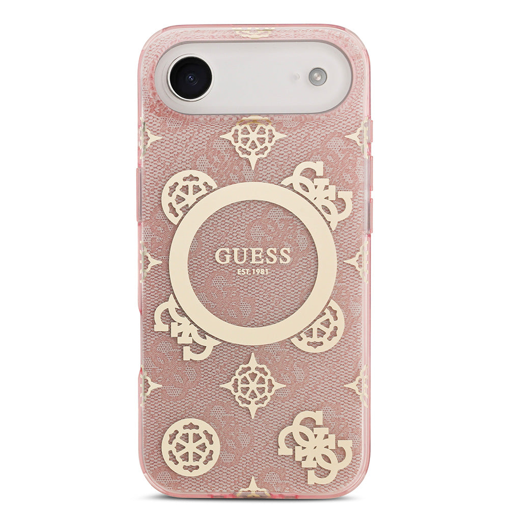 Apple iPhone 17 Air Kılıf Guess M-safe Şarj Özellikli IML Peony ve 4G Desenli Klasik Logolu Kapak Pembe
