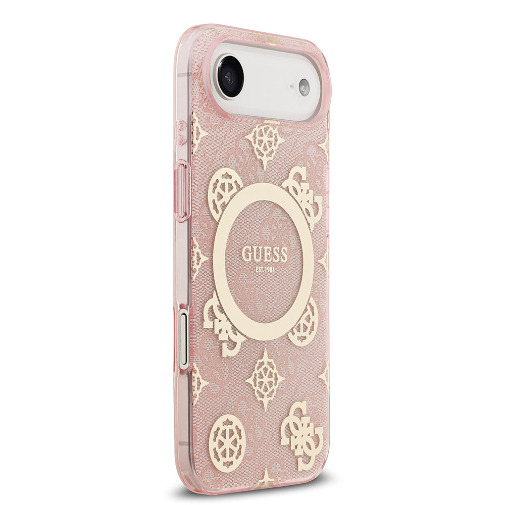 Apple iPhone 17 Air Kılıf Guess M-safe Şarj Özellikli IML Peony ve 4G Desenli Klasik Logolu Kapak Pembe