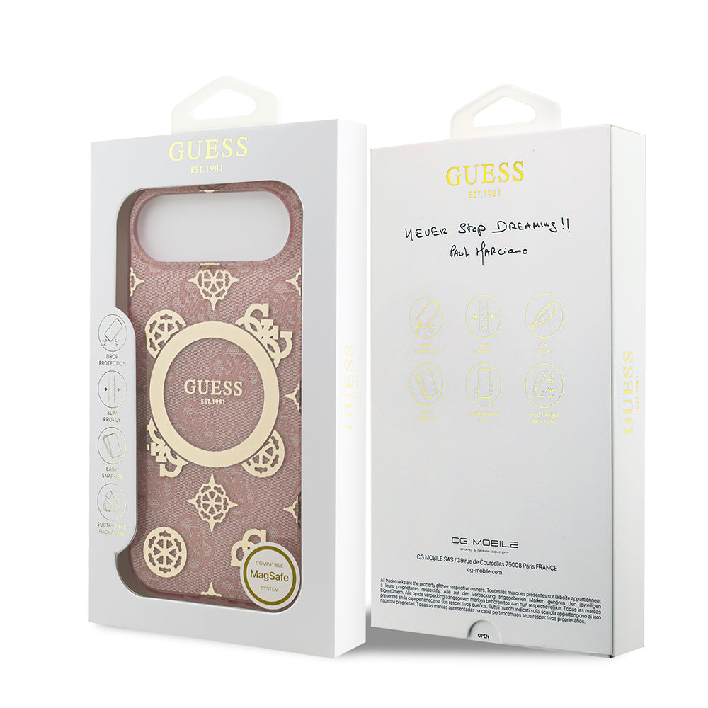 Apple iPhone 17 Air Kılıf Guess M-safe Şarj Özellikli IML Peony ve 4G Desenli Klasik Logolu Kapak Pembe