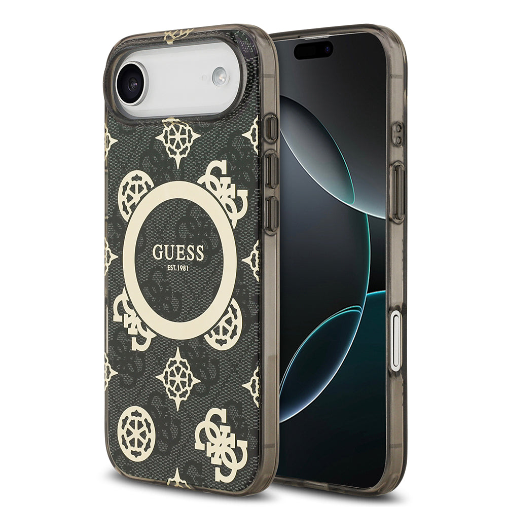 Apple iPhone 17 Air Kılıf Guess M-safe Şarj Özellikli IML Peony ve 4G Desenli Klasik Logolu Kapak Siyah