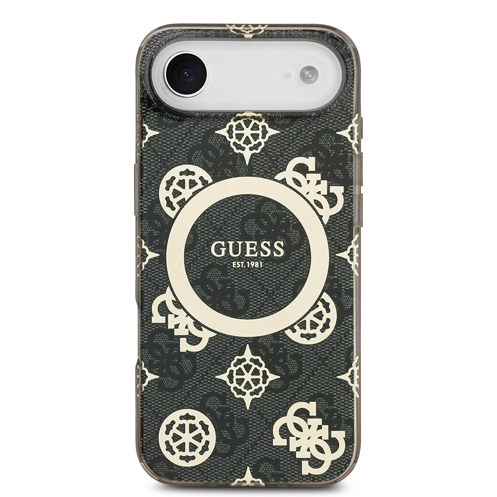 Apple iPhone 17 Air Kılıf Guess M-safe Şarj Özellikli IML Peony ve 4G Desenli Klasik Logolu Kapak Siyah