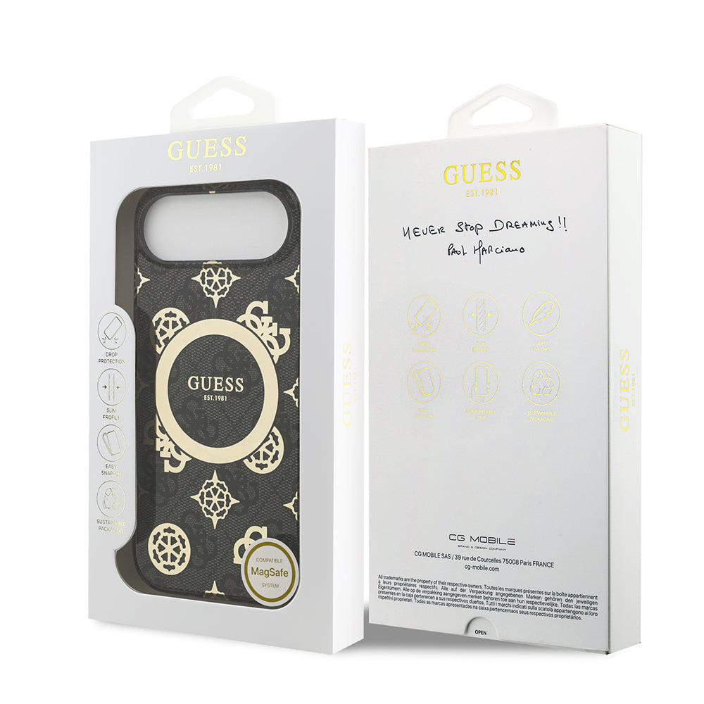 Apple iPhone 17 Air Kılıf Guess M-safe Şarj Özellikli IML Peony ve 4G Desenli Klasik Logolu Kapak Siyah