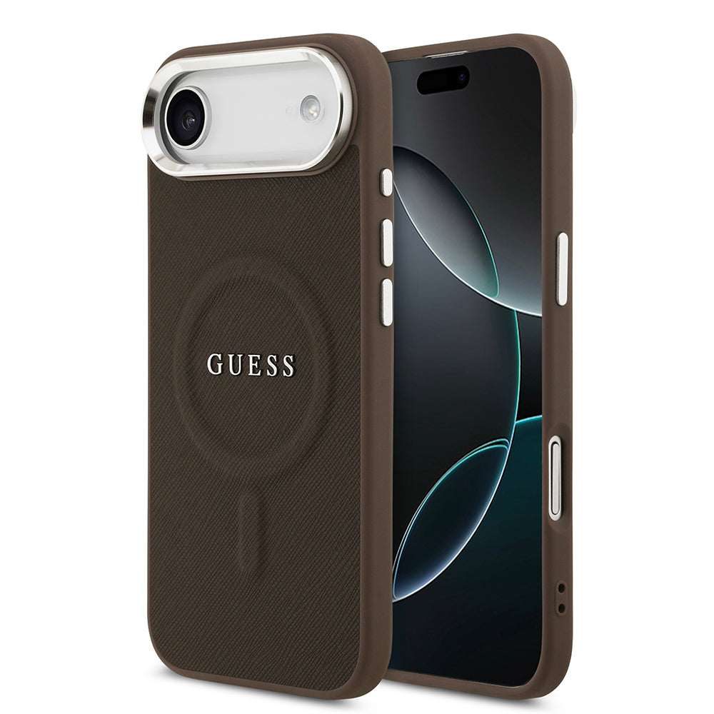 Apple iPhone 17 Air Kılıf Guess M-safe Şarj Özellikli Klasik Yazı Logolu PU Deri Kapak Kahverengi