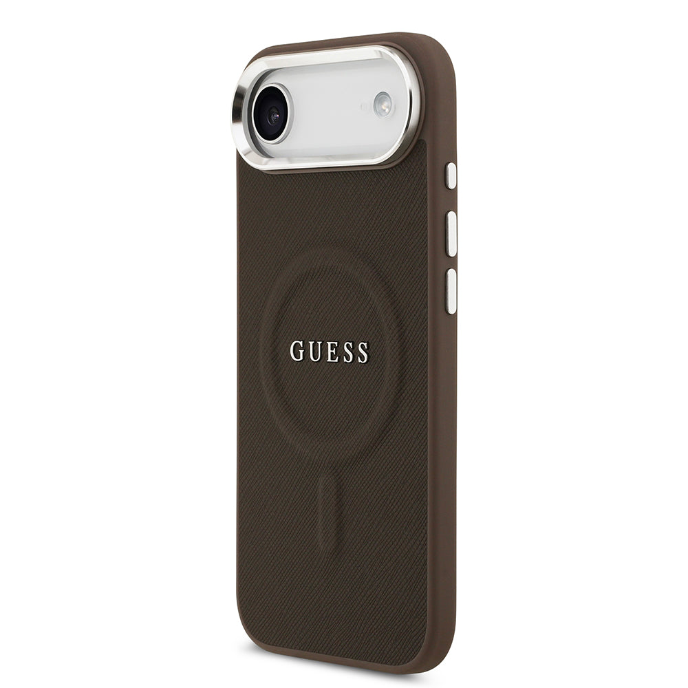 Apple iPhone 17 Air Kılıf Guess M-safe Şarj Özellikli Klasik Yazı Logolu PU Deri Kapak Kahverengi