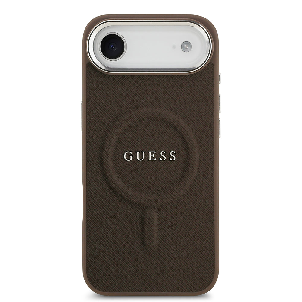 Apple iPhone 17 Air Kılıf Guess M-safe Şarj Özellikli Klasik Yazı Logolu PU Deri Kapak Kahverengi