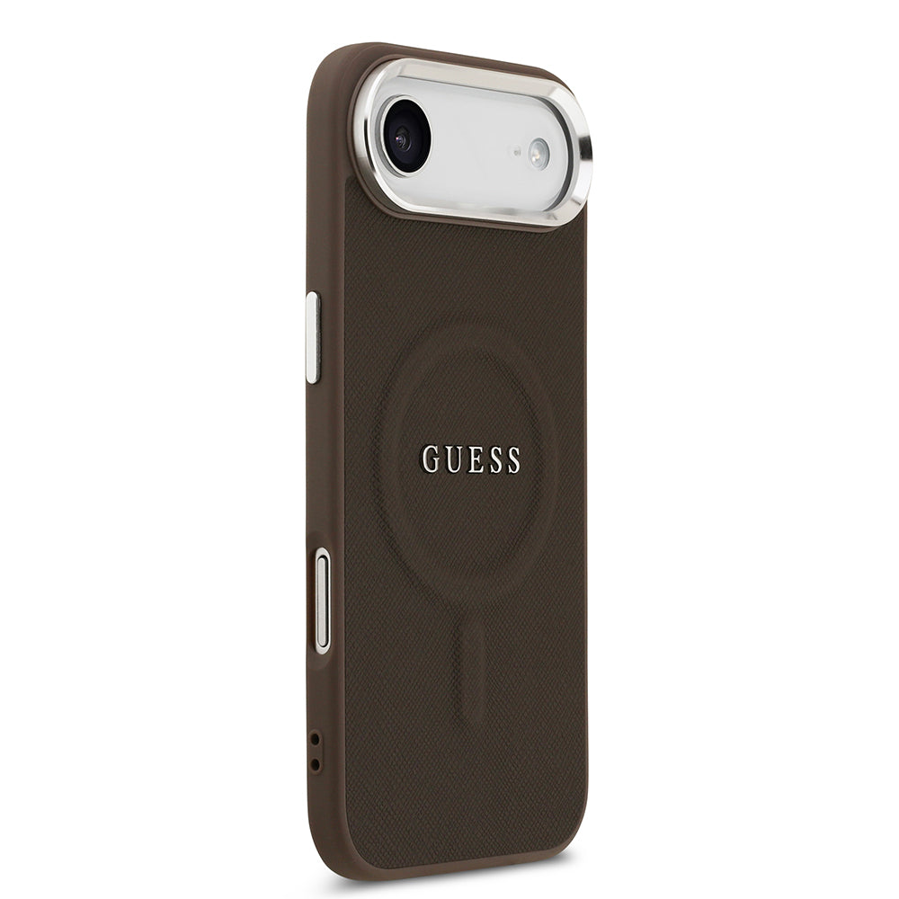 Apple iPhone 17 Air Kılıf Guess M-safe Şarj Özellikli Klasik Yazı Logolu PU Deri Kapak Kahverengi