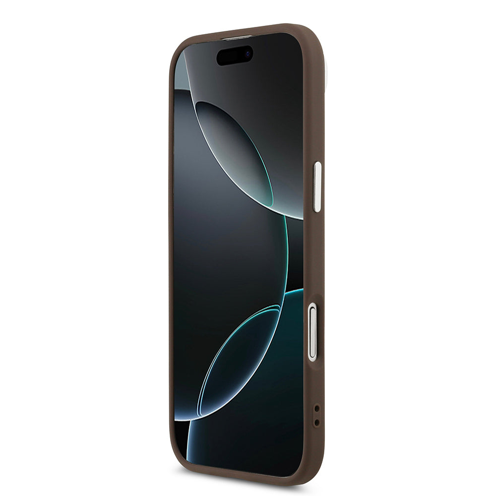 Apple iPhone 17 Air Kılıf Guess M-safe Şarj Özellikli Klasik Yazı Logolu PU Deri Kapak Kahverengi